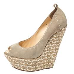 Giuseppe Zanotti Beige Suede Leather Peep Toe Wedge Platform Pumps Size 38.5