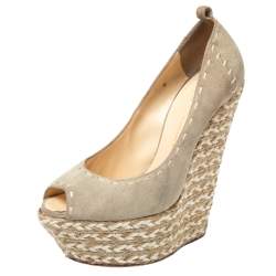 Giuseppe Zanotti Beige Suede Leather Peep Toe Wedge Platform Pumps Size 38.5