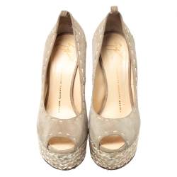 Giuseppe Zanotti Beige Suede Leather Peep Toe Wedge Platform Pumps Size 38.5