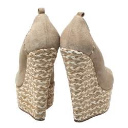 Giuseppe Zanotti Beige Suede Leather Peep Toe Wedge Platform Pumps Size 38.5