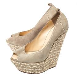 Giuseppe Zanotti Beige Suede Leather Peep Toe Wedge Platform Pumps Size 38.5