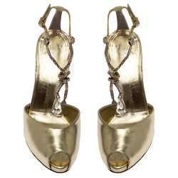 Giuseppe Zanotti Metallic Gold Leather Dangle Crystal Embellishment Sandals Size 37