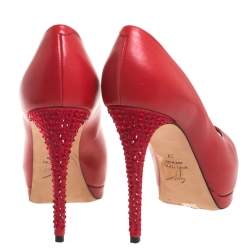Giuseppe Zanotti Red Leather And Suede Crystal Embellished Peep Toe Platform Pumps Size 37