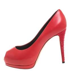 Giuseppe Zanotti Red Leather And Suede Crystal Embellished Peep Toe Platform Pumps Size 37