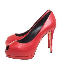 Giuseppe Zanotti Red Leather And Suede Crystal Embellished Peep Toe Platform Pumps Size 37