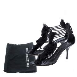 Giussepe Zanotti Black Leather Floral Detail Strappy Sandals Size 39.5