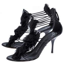 Giussepe Zanotti Black Leather Floral Detail Strappy Sandals Size 39.5
