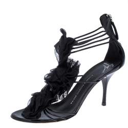 Giussepe Zanotti Black Leather Floral Detail Strappy Sandals Size 39.5