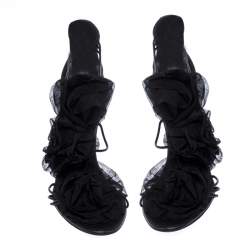 Giussepe Zanotti Black Leather Floral Detail Strappy Sandals Size 39.5