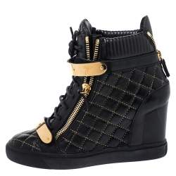 Pre Owned Giuseppe Zanotti Black Quilted Leather Lorenz Wedge Sneakers Size 40