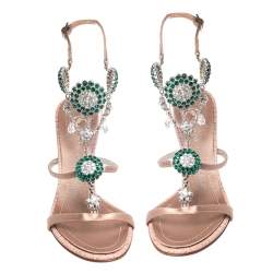 مملوكة مسبقًا صندل جوسيبي زانوتي ساتان وردي فاتح وجلد نقشة السحالي مزخرف كريستال بحزام للكاحل مقاس 35.5