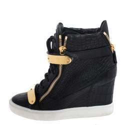 Pre Owned Giuseppe Zanotti Black Croc Embossed Leather Lorenz Wedge High Top Sneakers Size 39