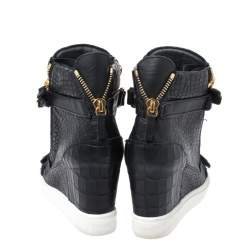 Pre Owned Giuseppe Zanotti Black Croc Embossed Leather Lorenz Wedge High Top Sneakers Size 39