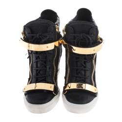 Pre Owned Giuseppe Zanotti Black Croc Embossed Leather Lorenz Wedge High Top Sneakers Size 39