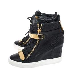 Pre Owned Giuseppe Zanotti Black Croc Embossed Leather Lorenz Wedge High Top Sneakers Size 39
