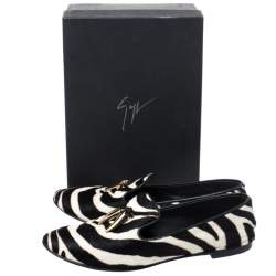 Pre Owned Giuseppe Zanotti Zebra Print  Calfhair Shark Tooth Embellished Smoking Slippers Size 41