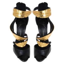 مملوكة مسبقًا Giuseppe Zanotti Black Leather Gold Tone Metal Leaf Embellished Sandals Size 37