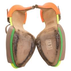 Pre Owned Giuseppe Zanotti Multicolor Leather And Glitter Suede T-Strap Platform Peep Toe Sandals Size 37