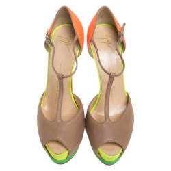 Pre Owned Giuseppe Zanotti Multicolor Leather And Glitter Suede T-Strap Platform Peep Toe Sandals Size 37