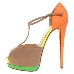 Pre Owned Giuseppe Zanotti Multicolor Leather And Glitter Suede T-Strap Platform Peep Toe Sandals Size 37