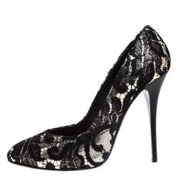 Giuseppe Zanotti Silver Metallic Leather and Black Lace Pumps Size 38