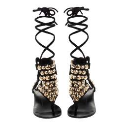 مملوكة مسبقًا صندل فلات جوسيبي زانوتي سويدي أسود مرصع بحزام للكاحل مقاس 37