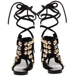 مملوكة مسبقًا صندل فلات جوسيبي زانوتي سويدي أسود مرصع بحزام للكاحل مقاس 37