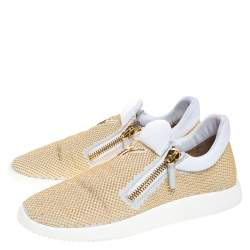 Pre Owned Giuseppe Zanotti White/Gold Studded Leather May London Slip On Sneakers Size 40.5