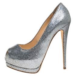 Pre Owned Giuseppe Zanotti Silver Glitter Fabric Peep Toe Platform Pumps Size 39.5
