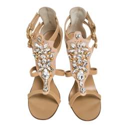 Pre Owned Giuseppe Zanotti Beige Suede and Leather Crystal Embellished Strappy Sandals Size 41