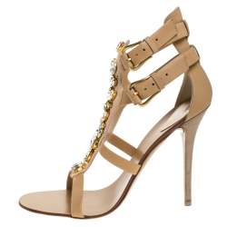 Pre Owned Giuseppe Zanotti Beige Suede and Leather Crystal Embellished Strappy Sandals Size 41