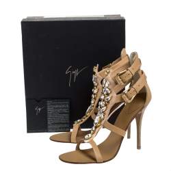 Pre Owned Giuseppe Zanotti Beige Suede and Leather Crystal Embellished Strappy Sandals Size 41