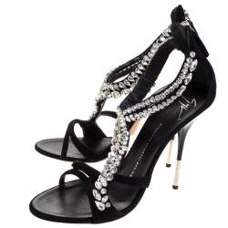 مملوكة مسبقًا Giuseppe Zanotti Black Suede Crystal Embellished Strappy Sandals Size 41