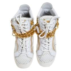 Pre Owned Giuseppe Zanotti White Snake Embossed Leather High Top Wedge Sneakers Size 36.5
