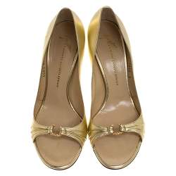 Pre Owned Giuseppe Zanotti Metallic Gold Leather Crystal Embellished Open Toe Pumps Size 40