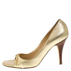 Pre Owned Giuseppe Zanotti Metallic Gold Leather Crystal Embellished Open Toe Pumps Size 40