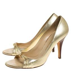 Pre Owned Giuseppe Zanotti Metallic Gold Leather Crystal Embellished Open Toe Pumps Size 40