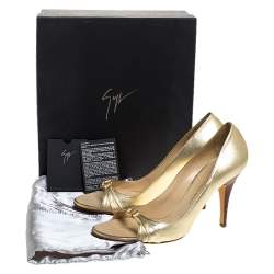 Pre Owned Giuseppe Zanotti Metallic Gold Leather Crystal Embellished Open Toe Pumps Size 40