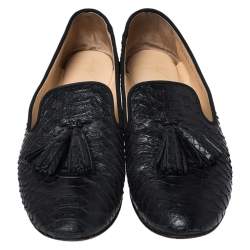 Pre Owned Giuseppe Zanotti Black Python Leather Tassel Detail Smoking Slippers Size 37