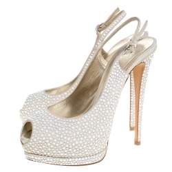 Giuseppe Zanotti Beige Suede Crystal Embellished Peep Toe Platform Slingback Sandals Size 40