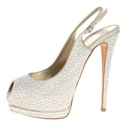 Giuseppe Zanotti Beige Suede Crystal Embellished Peep Toe Platform Slingback Sandals Size 40