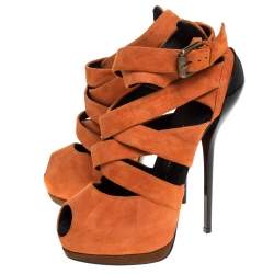 Giuseppe Zanotti Orange Suede Strappy Peep Toe Platform Sandals Size 38