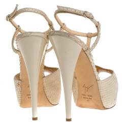 Giuseppe Zanotti Beige Python Embossed Leather T Strap Platform Sandals Size 41