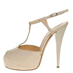 Giuseppe Zanotti Beige Python Embossed Leather T Strap Platform Sandals Size 41