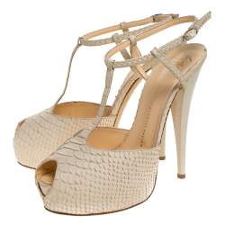 Giuseppe Zanotti Beige Python Embossed Leather T Strap Platform Sandals Size 41