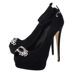 Pre Owned  حذاء كعب عالي جوسيبي زانوتي بنعل سميك و بمقدمة مفتوحة و بسير كاحل و مزخرف بكريستال سويدي أسود مقاس 37.5