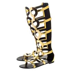 Pre Owned Giuseppe Zanotti Metallic Gold Leather Embellished Rylee Gladiator Flat Sandals Size 41