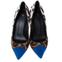 Pre Owned Giuseppe Zanotti Blue/Brown Leopard Print Calf Hair Yvette Pointed Pumps Size 40