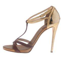 Giuseppe Zanotti Cognac & Gold Leather Metal Plated T-Strap Sandals Size 38.5