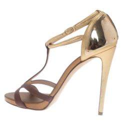 Giuseppe Zanotti Cognac & Gold Leather Metal Plated T-Strap Sandals Size 38.5